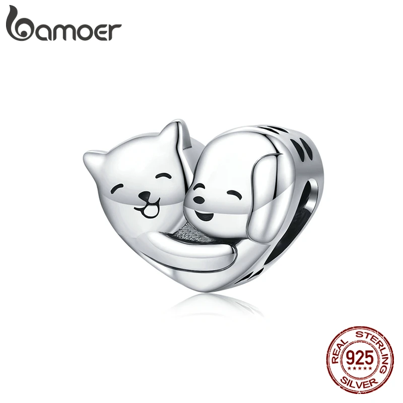 bamoer 925 Sterling Silver Hug Bead Love Kitten Puppy Animal Charm Pendant for Original Bracelet Bangle Women DIY Making SCC1856