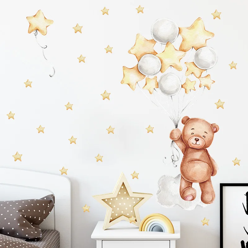 Bear Balloon Stars Cartoon Wall Stickers Child Kids Room Home Decoration Wallpaper Living Room Bedroom Decals Nursery Sticker