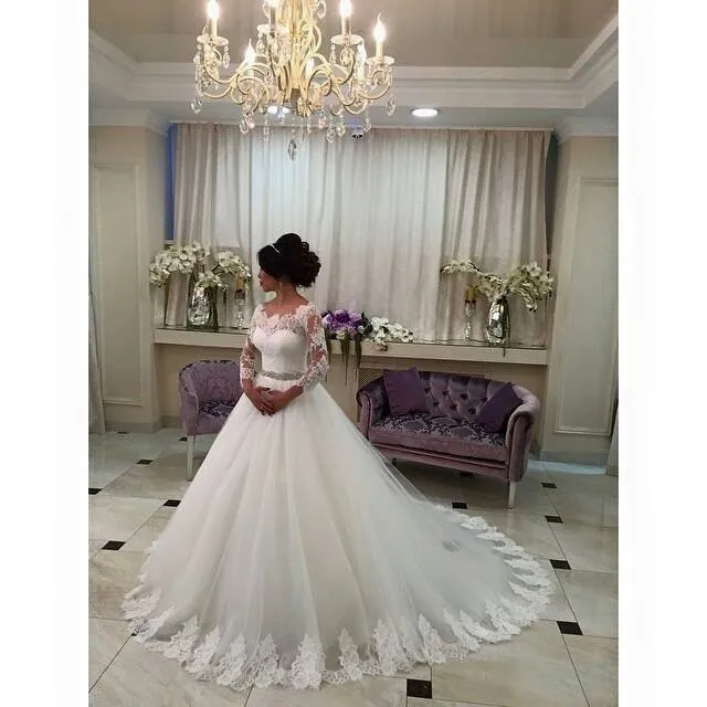 

drop shipping Arabia Saudi Customized A-Line Long sleeve Wedding dress Plus size Lace Appliques Vestidos de noiva bridal gown