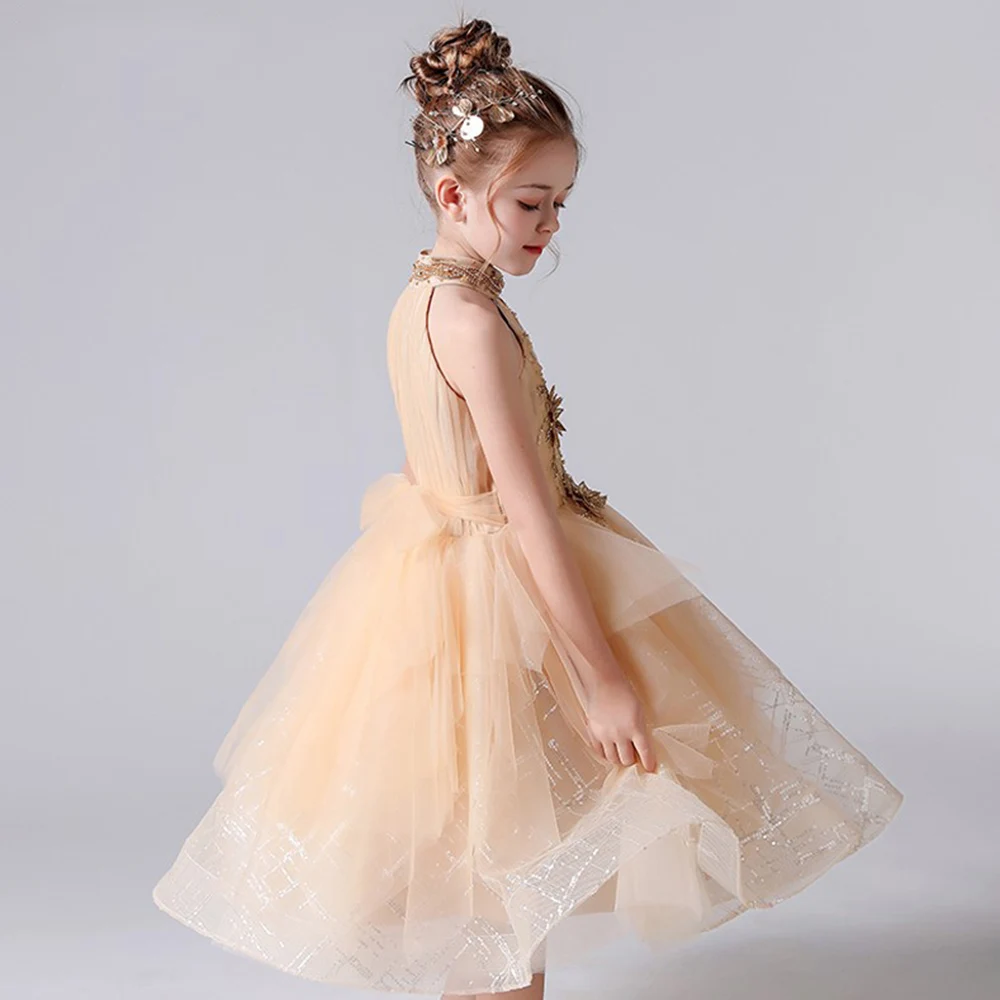 Moderne Tulle Halter Bloem Meisje Jurken Tiered Bruiloft Prinses Jurk Formele Kids Verjaardag Gown Nieuwe