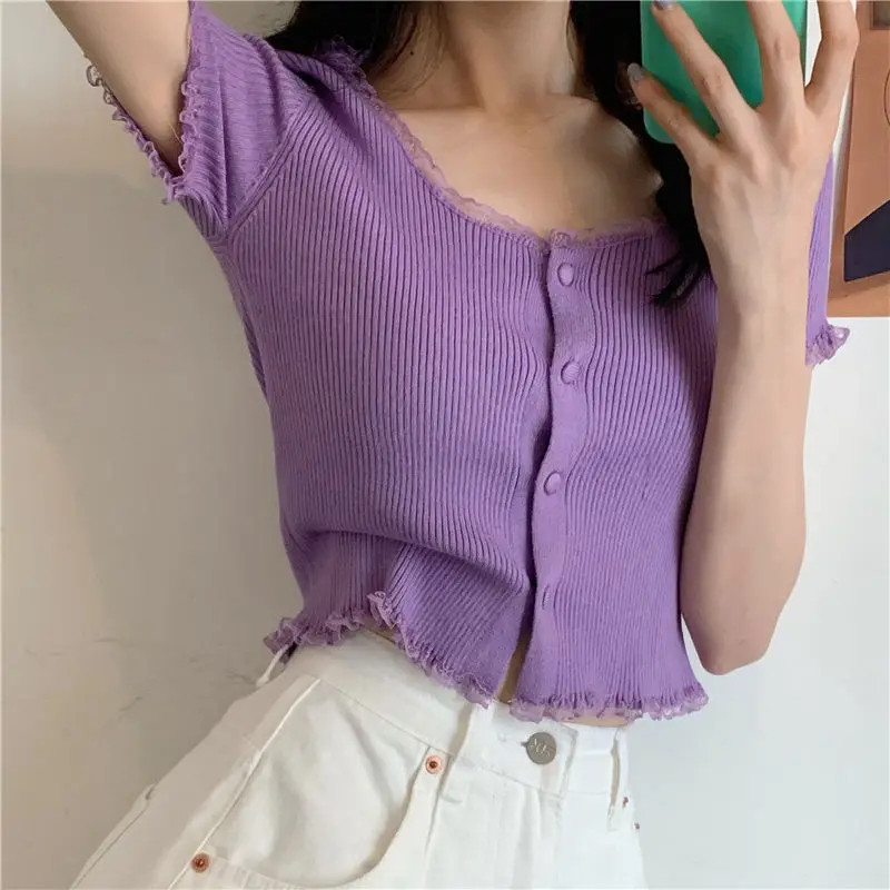 Short Sleeve T-shirts Women Slim Solid Lace O-neck Single Breasted Trendy Chic Sweet Lovely Ulzzang Simple Streetwear Knitted