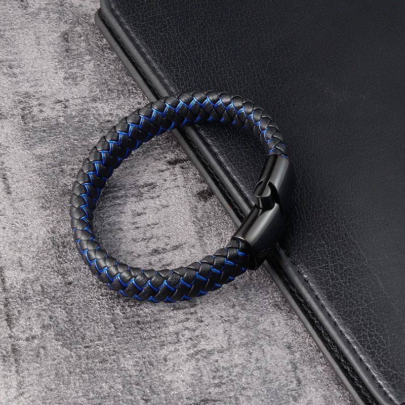 Trendy Red Genuine Leather Bracelet for Men Jewelry Multicolor Stainless Steel Magnetic Clasp Braided Wristband Male Punk Gift