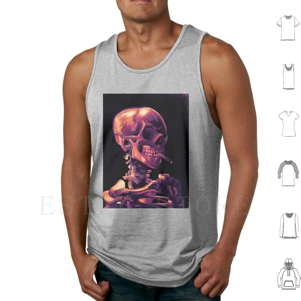 Smoking Skeleton In Orange , Pink , And Black Tank Tops Vest Sleeveless A Real Spooky Lad A Digital Master Copy Of Van Goghs