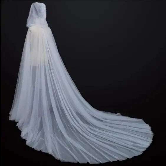 Bruiloft Mantel Wit/Ivoor/Zwart Tulle Hooded Lange Bridal Shawl Jas Vrouwen Cape Jas Eenvoudige Jas Mantel