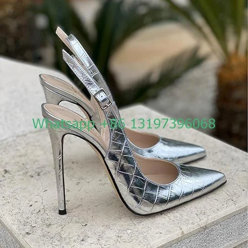 

Ladies pointed silver mules slingback buckle sandals summer sexy snake print stilettos footwear daily wear simple style size 43