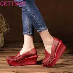 GKTINOO Genuine Leather Retro Women Pumps Slip On Designer Lady 8 CM High Heels Wedges Pumps Handmade Women Leather Shoes