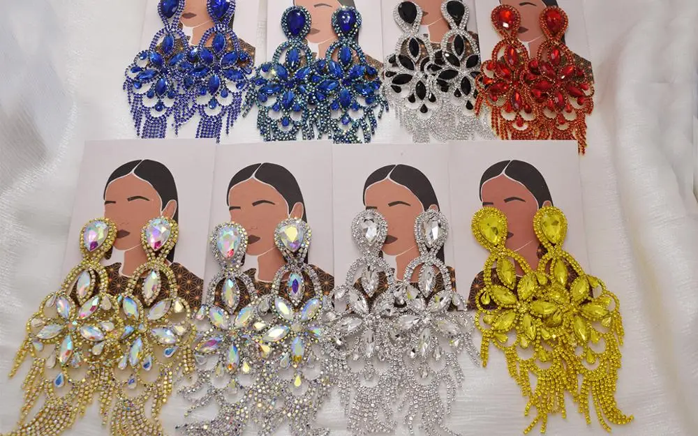 big size good quality glass clear strass girls long drop earrings jewelry crystal accessories rhinestones decoations for bride