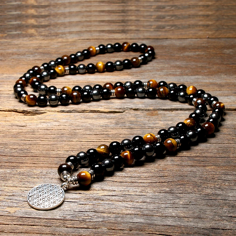 Natural Tiger Eye Spiritual 108 Mala Bracelets Women Men Revelation 8MM Hematite Beads Bracelet Yoga Meditation Charm Jewelry