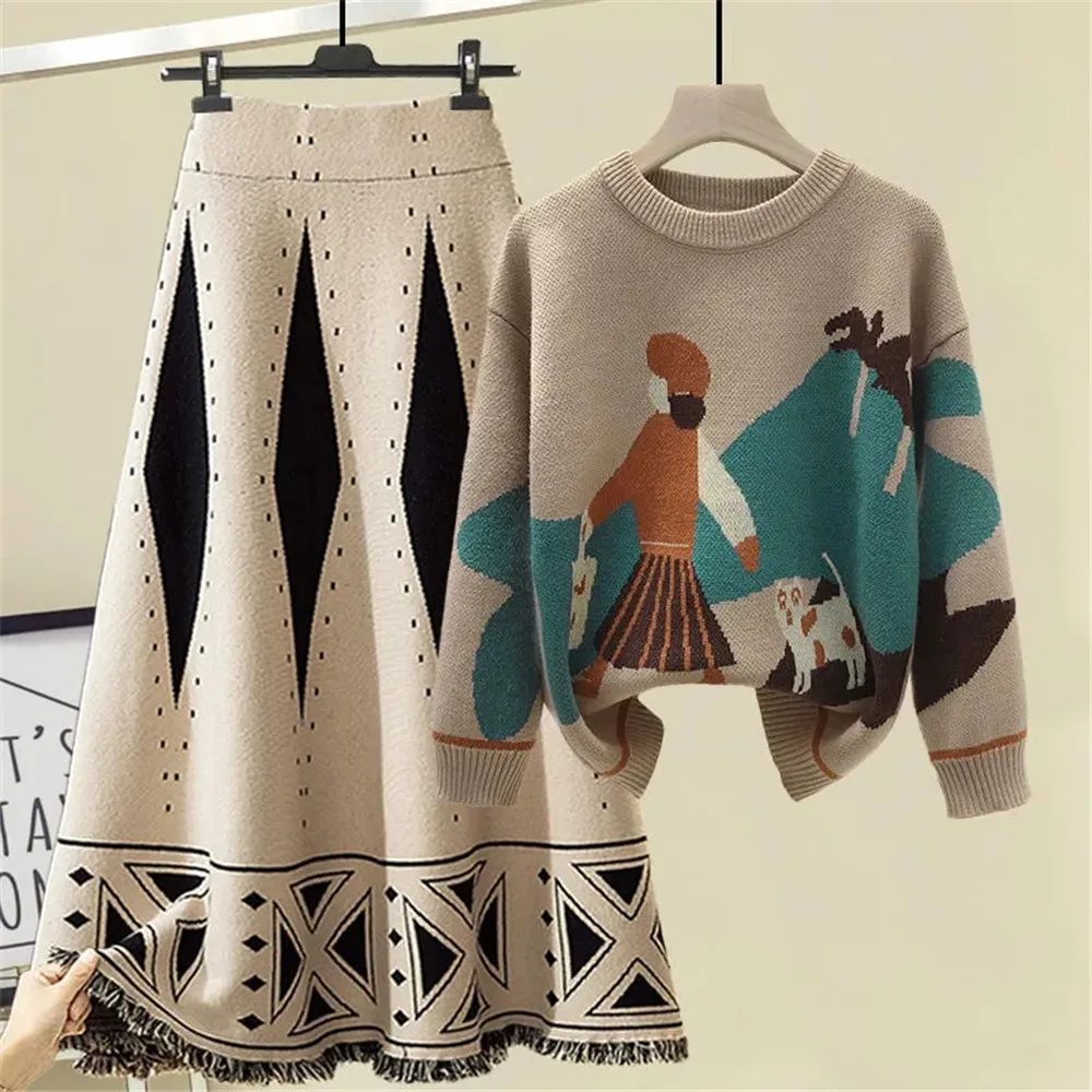 Vintage Jacquard Fringed Knit Skirt Women High Waist Stretch Loose Plus Size 4xl Long Skirt Korean Tassel Wild Daily Knitted