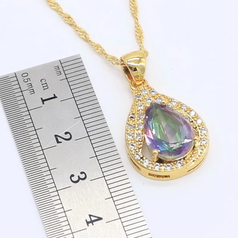 Rainbow Semi-precious  Gold Color Jewelry Sets for Women Water Drop Hoop Earrings Necklace Pendant Rings Free Gift Box