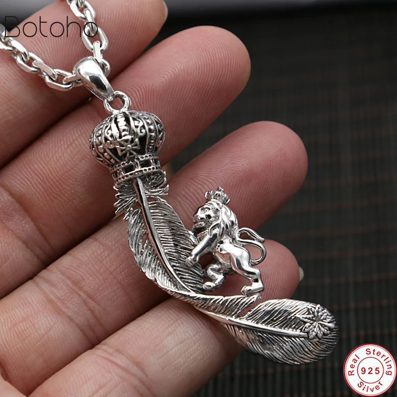 S925 Sterling Silver colour Takahashi Goro Jewelry Retro Thai Silver colour Men And Women Hand-crown Lion Eagle Feather Pendant