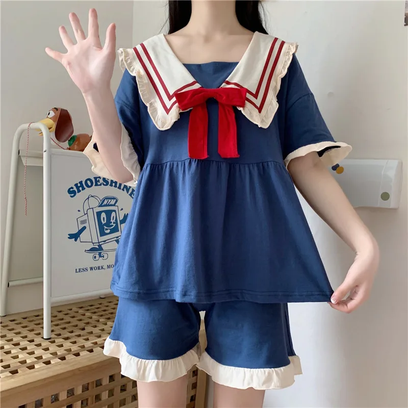 

Japan Kawaii Fashion Pajamas Women Sleepwear Cute Sailor Collar Bow Home Suit Female Summer Short Sleeve 2 Piece Set Pyjamas