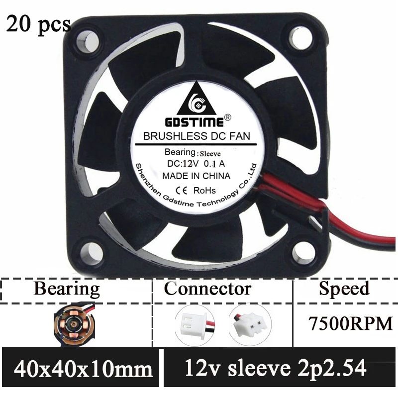 

20pcs Gdstime 3D Printer Cooling Fan 12V 40mm 4cm 4010 Printer Cooling DC Brushless Fan Mini Fans 40x40x10mm