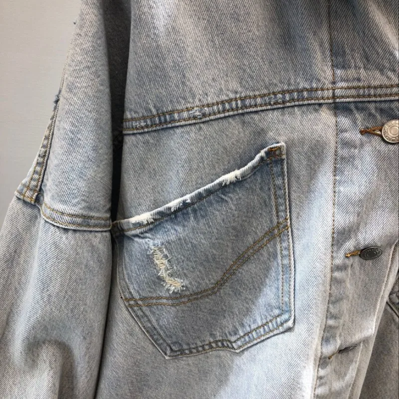 Neue Marke Denim Mantel Frauen Mode Druck Vintage Ausgefranste Loch Jean Jacke Weibliche Brief Lose Fit Oberbekleidung Mädchen Heißer