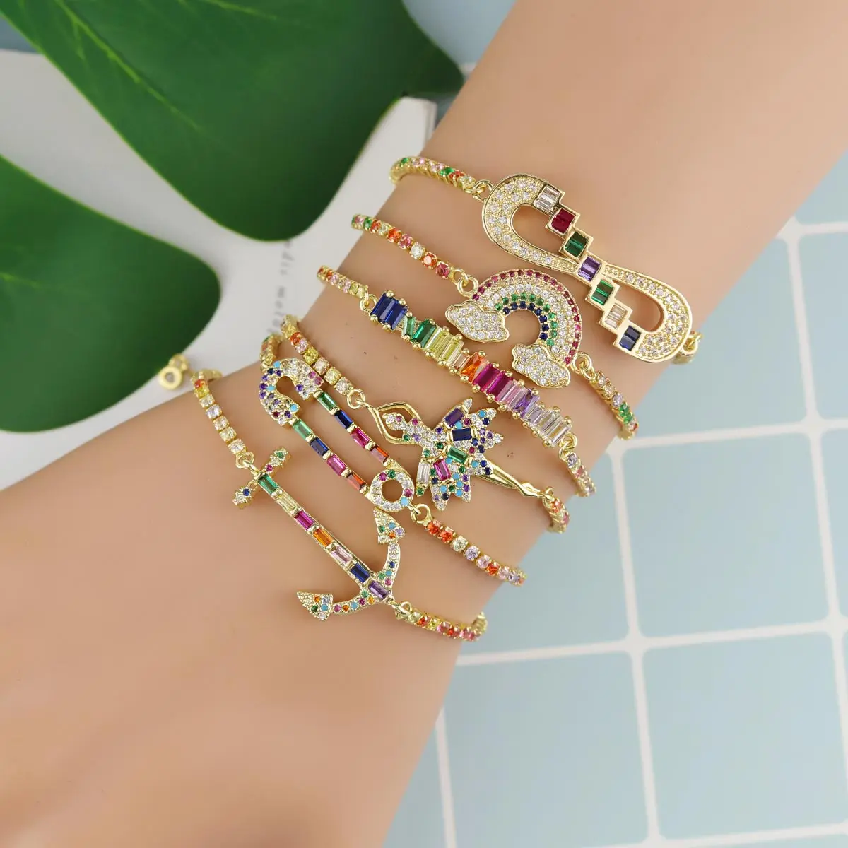 Luxury Rainbow CZ Women Bracelet Stacks Pin Infinity Dance Charms Gold Color Tennis Chain Bracelets Bangles For Women Jewelry