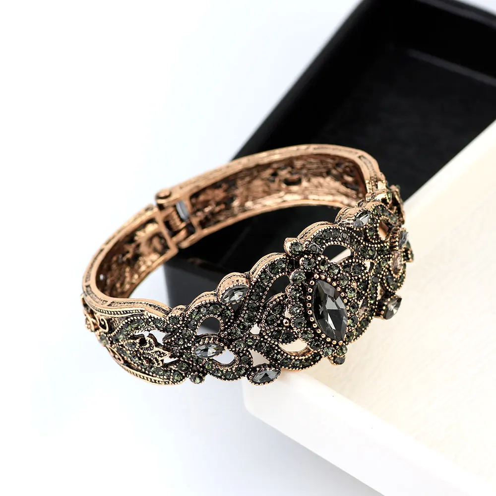 Sunspicems Vintage Turkish Grey Crystal Women Cuff Bracelet Bangle Ethnic Wedding Jewelry Antique Gold Color India Bridal Gift