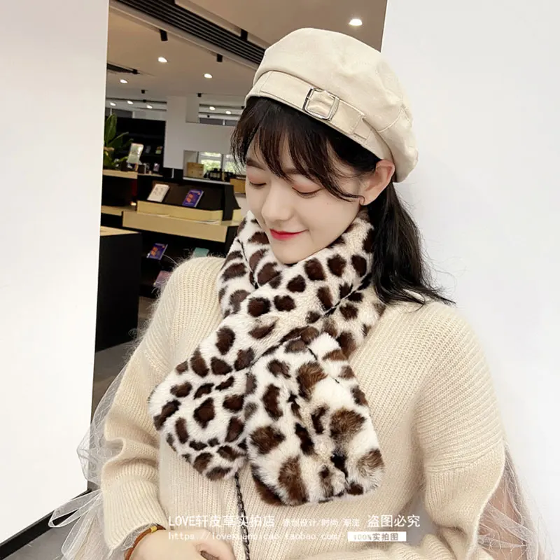 Faux Rabbit Fur Scarf Collar for Women Leopard Print Fluffy Scarf Thick Warm Lady Korean Fashion Winter