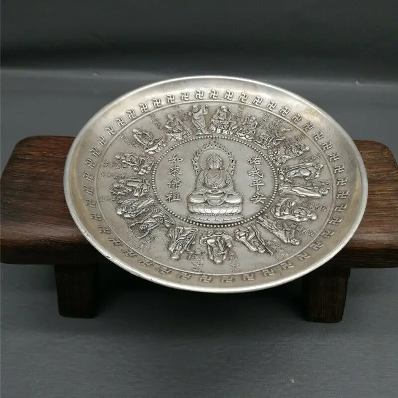 Old Chinese Antique Collection of 18 Arhat Buddha Dish Tibetan Silver