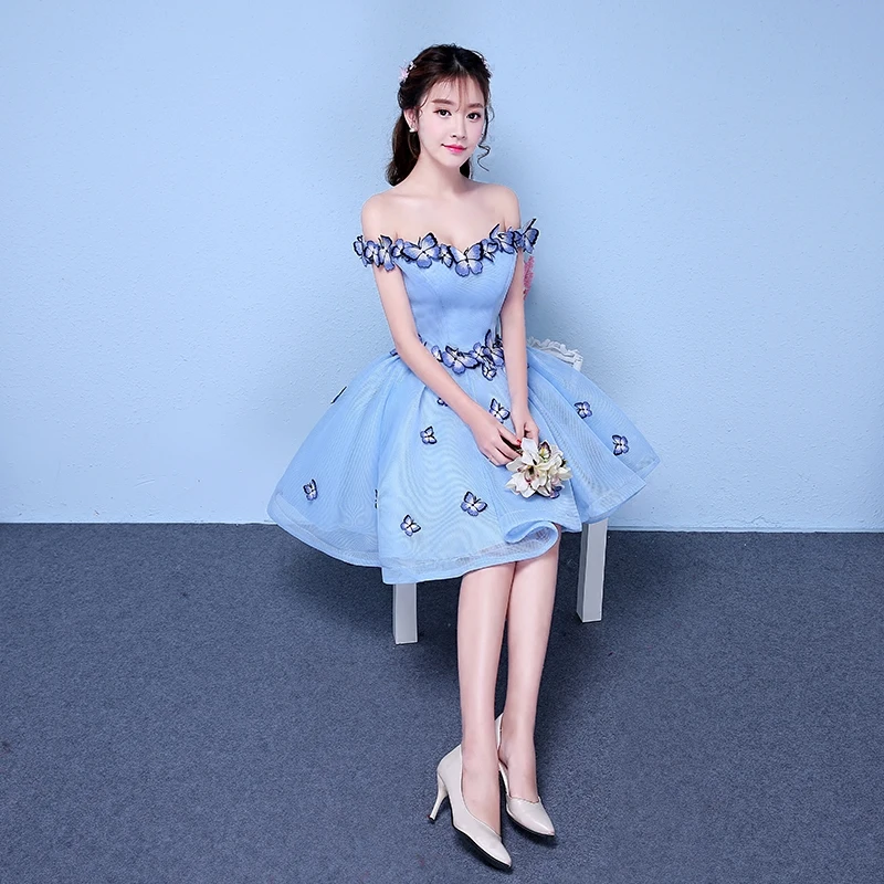 Robe de soiree Light blue Sexy Off the Shoulder Butterfly Pleated Ball Gown Evening Dresses vestido de festa Formal Prom Dresses