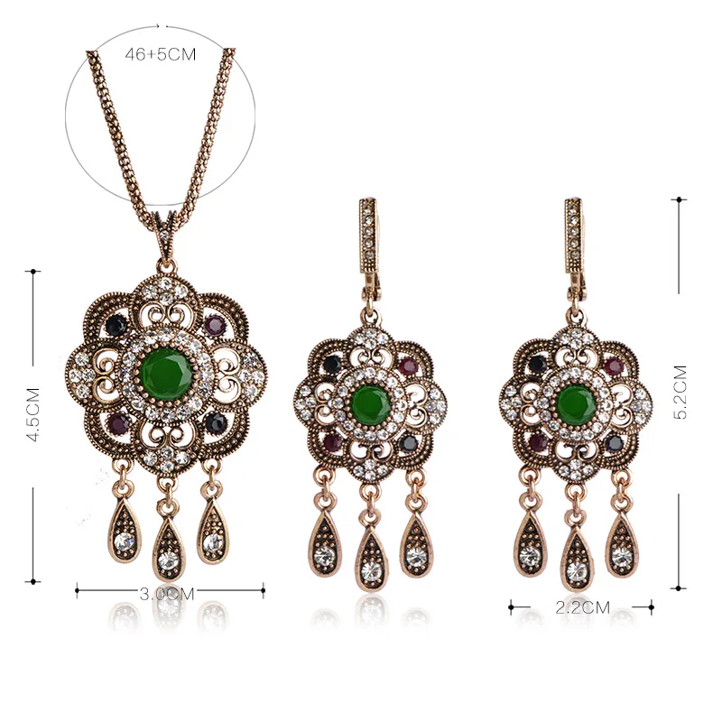 Madrry Alloy Metal Turkish Vintage Jewelry Sets Necklace & Earrings Resin Crystal Sculpture Flowers Antique Silver Color Bijoux