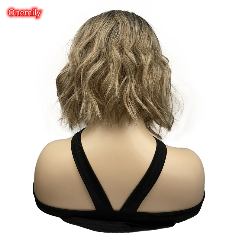 Onemily-Peluca de cabello ondulado corto para mujer, de aspecto Natural cabellera resistente al calor, color marrón ceniza ombré