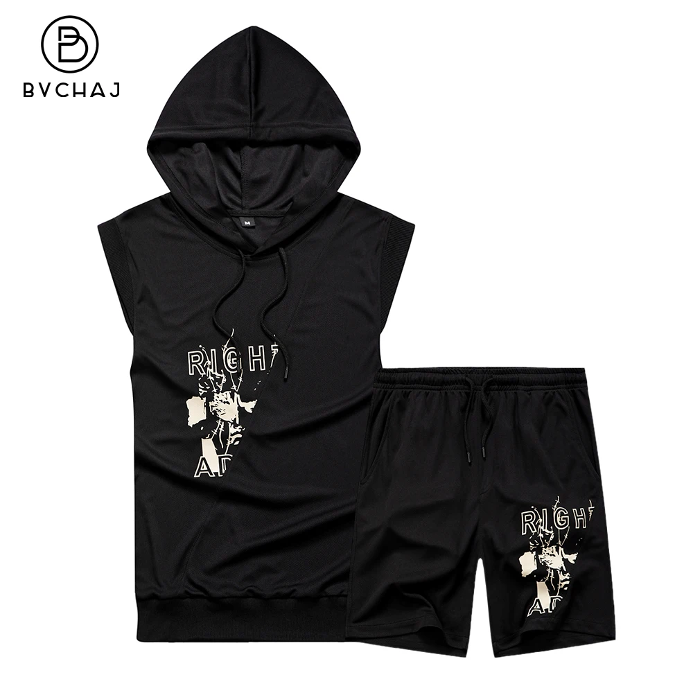 Verão roupa esportiva masculina com capuz 2 peças colete sem mangas estampa de corrida camiseta + shorts fitness secagem rápida roupa esportiva casual masculina