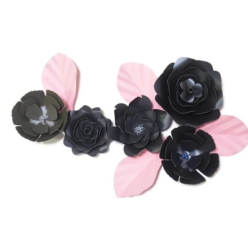 

DIY Giant Paper Flowers Fleurs Artificielles Backdrop Artificial Rose 5pcs+4 Leaves Wedding Party Decor Nursery Mix Black Gray