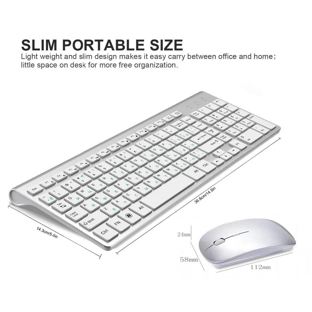 Wireless Keyboard And Mouse, 2.4G Stable Connection.Russian Layout, With IMac/Mac,IPad Air/Pro,Laptop,Windows- Silver White