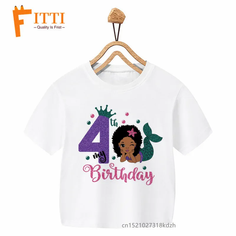 Afro Mermaid Birthday Number Print Girl White T-shirt Kid Summer Harajuku Kawaii Funny Clothes Little Baby Y2K Clothes,Drop Ship