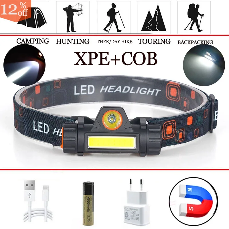 Portable Mini XPE Cob LED Headlamp USB Rechargeable Hiking Bicycle Headlight Light Source Fishing Outdoor Lighting Flashligts