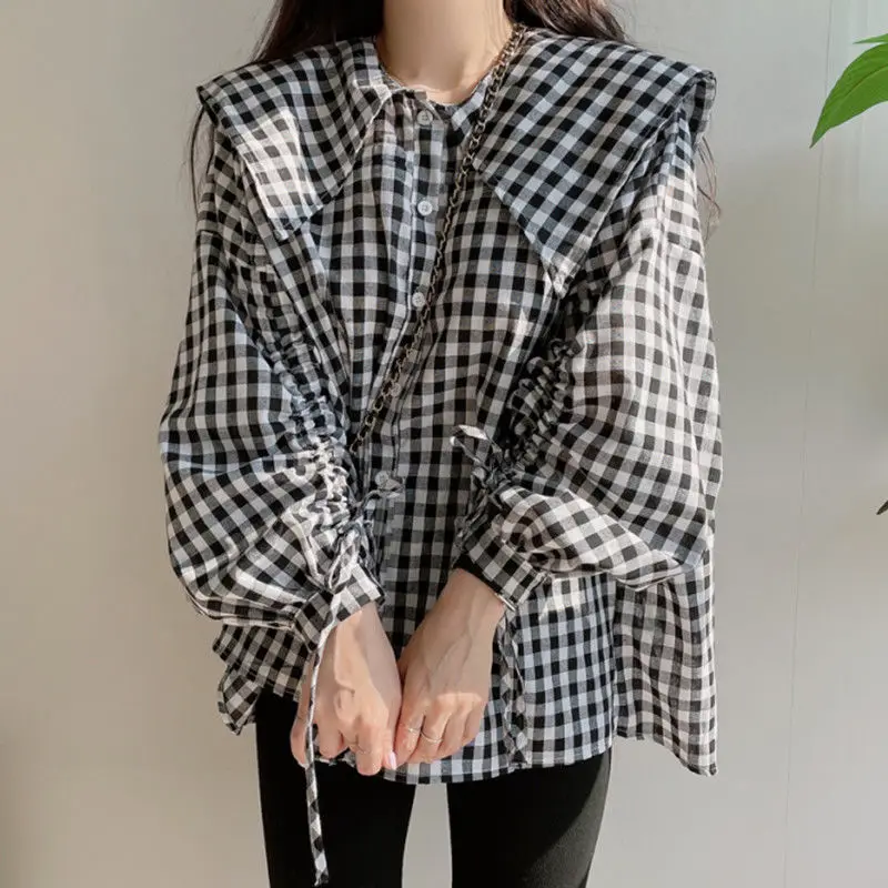 Shirts Women Plaid Peter Pan Collar Tops Design Clothing All-match Girls Lovely Puff-sleeve Korean Style Popular Tender Trendy