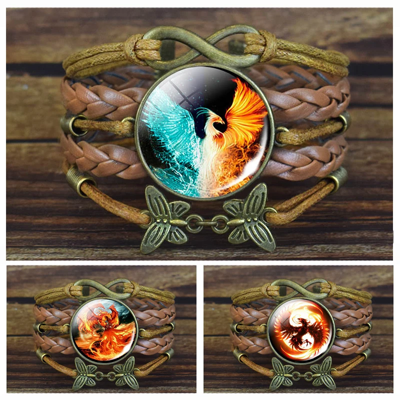 Fire Phoenix Brown Leather Bracelet Fashion Multilayer Woven Leather Bracelet Glass Cabochon Jewelry Bangle Women Gift