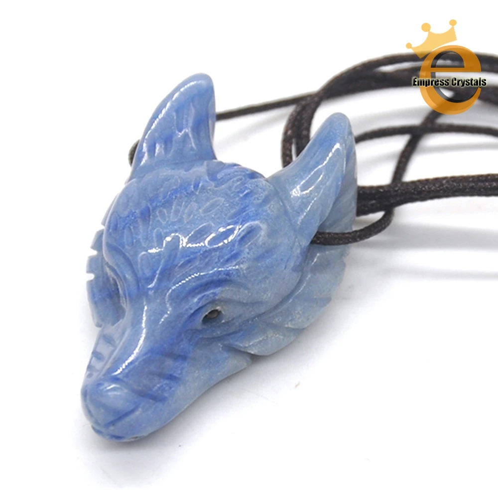 

1PC Wolf Head Pendant Natural Gemstone Blue Aventurine Healing Crystal Necklace Animal Fashion Men Gifts Jewelry