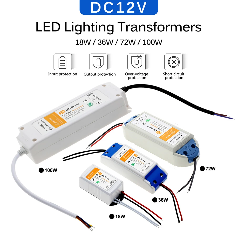 DC 12V LED Driver 18W 36W 72W 100W Lighting Transformers High Quality LED Driver for LED Strip Lights 12V Power Supply Adapter