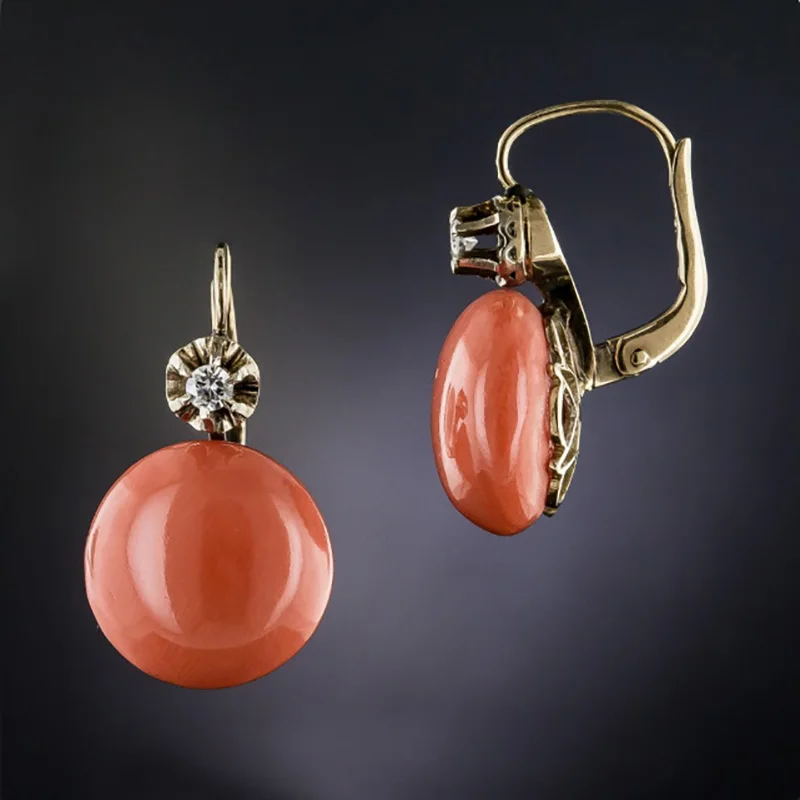 Banny Pink Tribal Delicate Round Orange Stone Stud Earring For Women Retro Coral Color Ear Fashion Jewelry