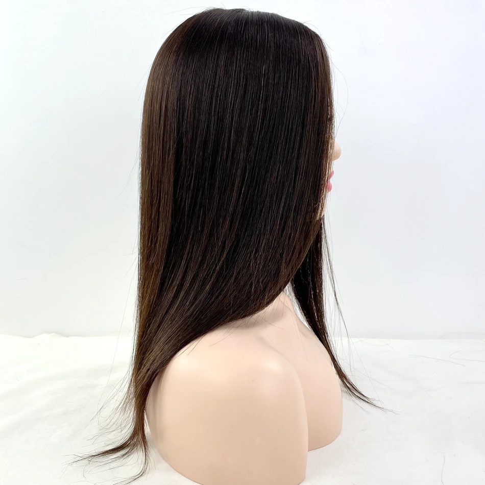 Injected Silk Base Human Hair Topper For White Women Dark Brown Color Straight Style Clip On Wigs For Thinning Hair And Baldnes