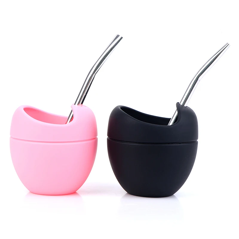 Black/Pink 5oz Silicone Bombillas Yerba Mate Cup Set Tea Cup With Yerba Bombilla Straw