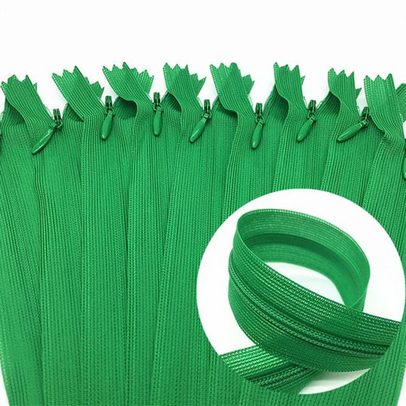 10pcs 3# green 28cm/30cm/40cm/50cm/60cm nylon invisible soft tulle coil Chiffon zipper sewing  Silk Zippers