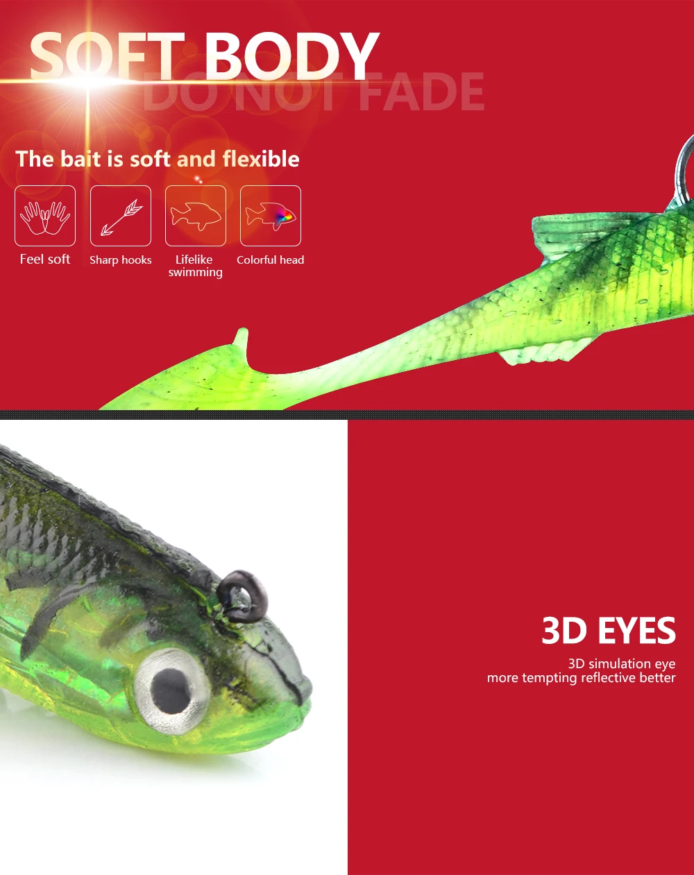 NGB 6/8/10CM 3D-Augen Angelköder mit T-Schwanz, Weicher Hechtköder mit Dreifachhaken, Künstlicher Köder, Jigkopf, Crankbait – Detail 3