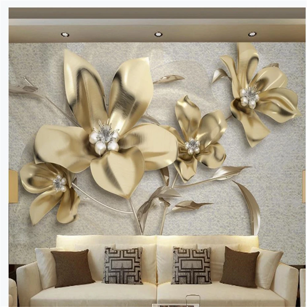 

Luxury golden three-dimensional jewelry flower 3D wallpapers TV background wall modern wallpaper for living room