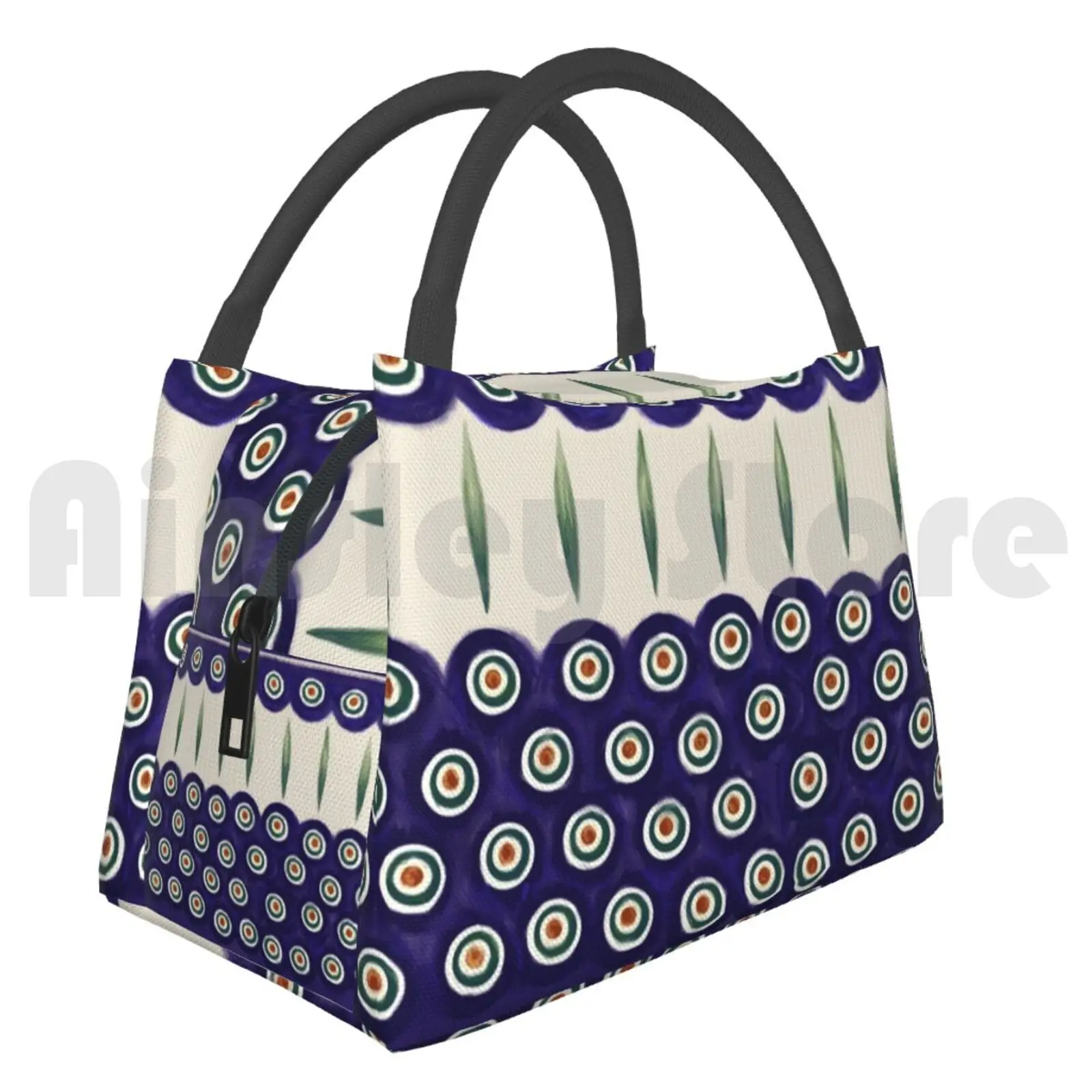 Cooler Lunch Bag Picnic Bag Let’S Polka Polka Poland Pottery Stoneware Glazed Cobalt Blue Folk Art Polish Boleslawiec