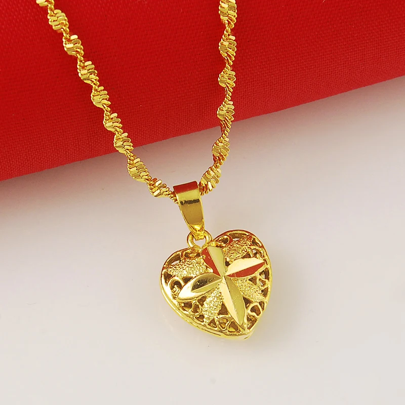 Authentic Love Heart Shaped 24k Gold Color Pendant Necklace Lady Elegant Gold Jewelry Necklace Necklace Necklace Birthday Gift