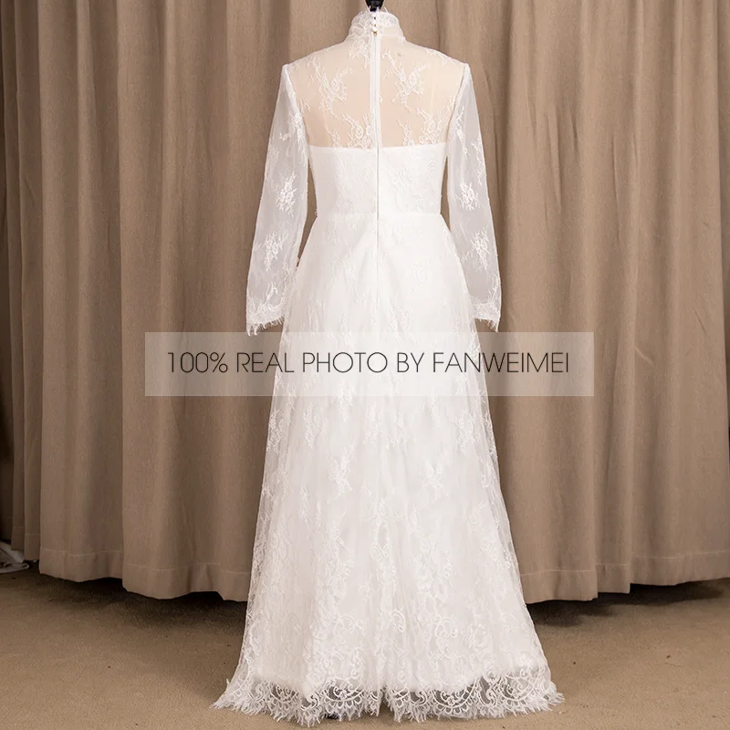 #9231 100% Real Photos Stand Collar Boho Lace Floor Length Plus White Wedding Dress For Mature Woman