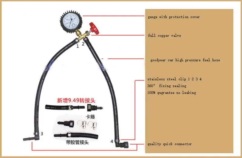 Car Fuel Pressure Gauge Oil Gasoline Pressure Gauge Test With Quick Connector Rubber Hose For Auto Repair 1set