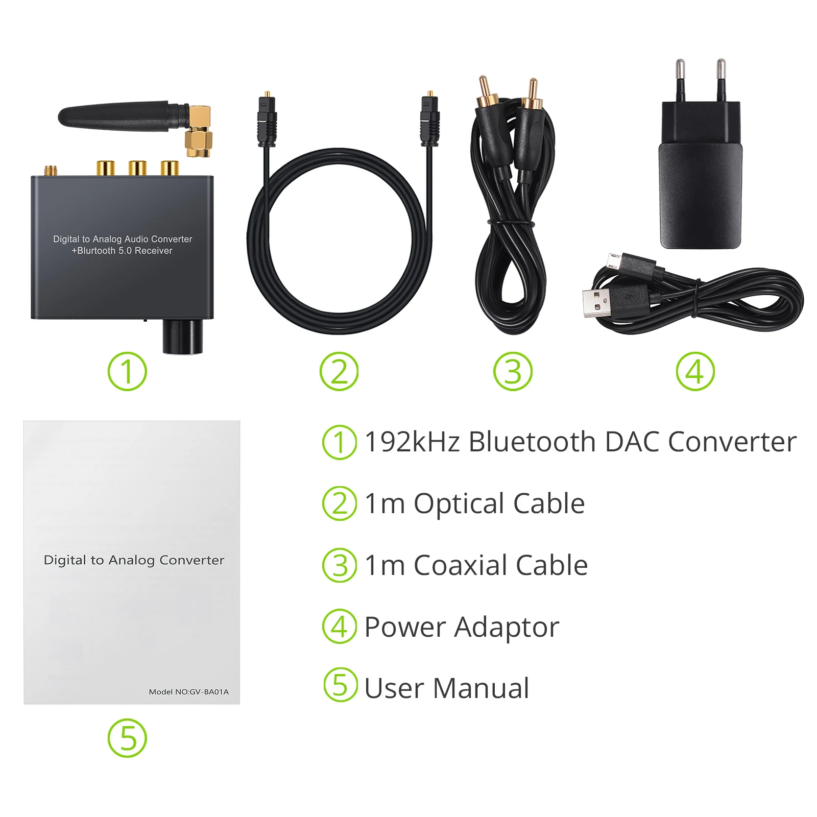 192kHz Digital to Analog Converter Bluetooth-Compatible DAC With Headphone Amplifier Volume Control Optical Coaxial to RCA 3.5mm