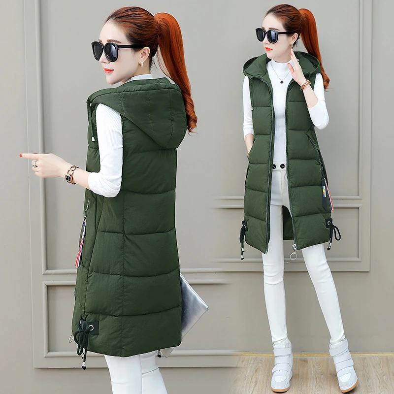 2024 Winter Women Cotton Down Vest Plus Size M-4XL Sleeveless Warm Hooded Loose Casual Long Vest Female Outerwear Padded Jacket