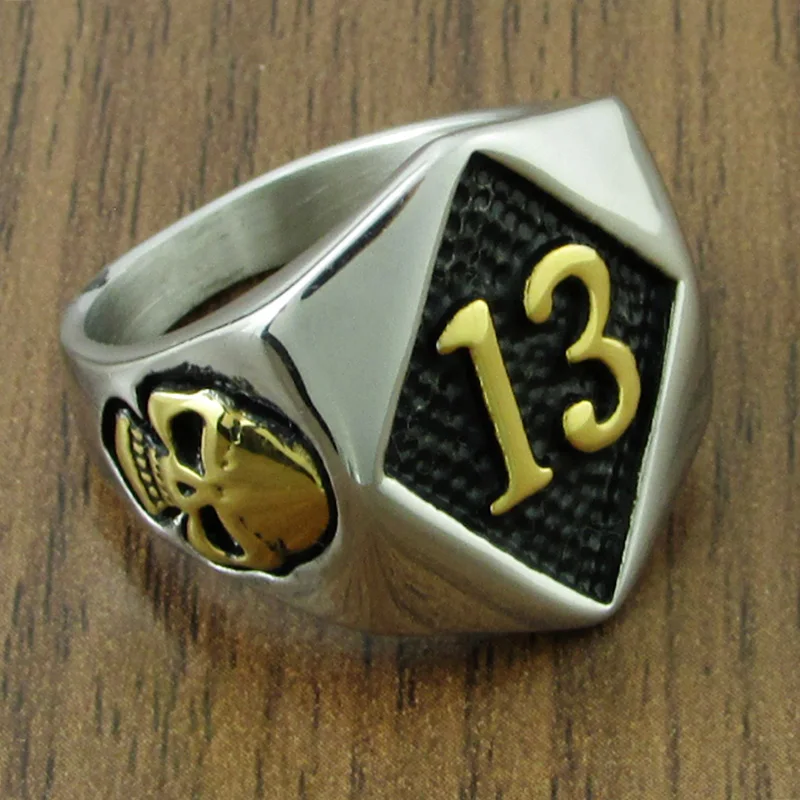 Free Shipping  Classic 316L Stainless Steel Gold Plated Big Skull Head Number 13 Solid Ring Jewelry