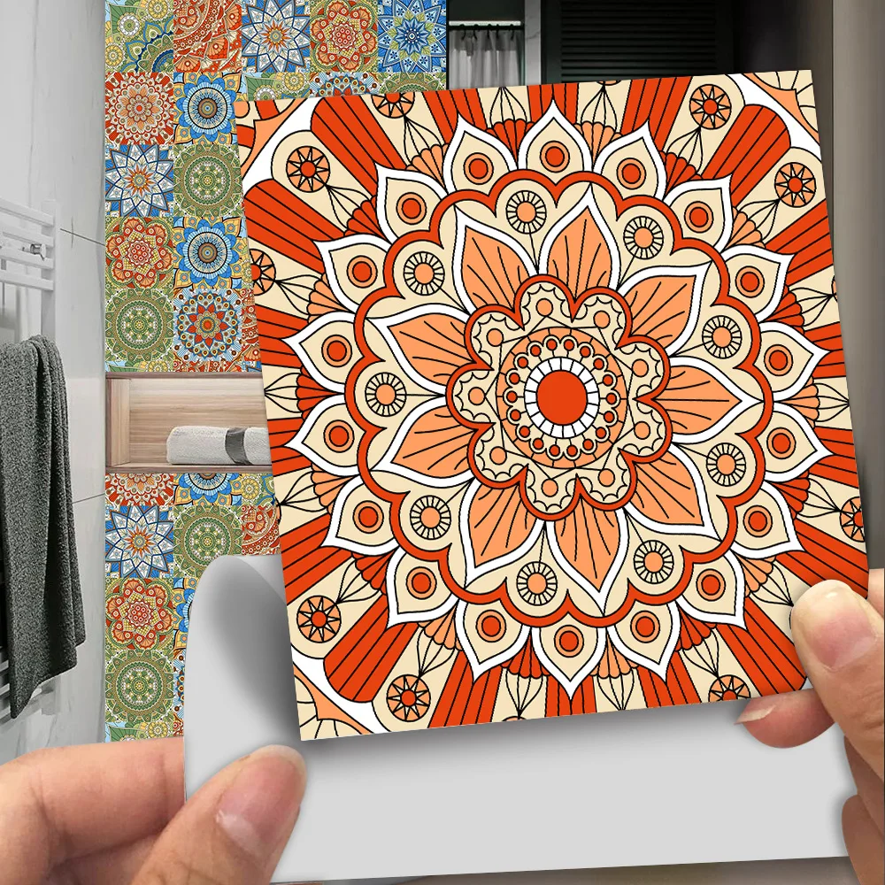 10pcs Mandala Pattern Tile Wall Stickers Home Decoration Waterpoof Peel&Stick PVC Art Mural For Kitchen Bathroom Floor Wallpaper