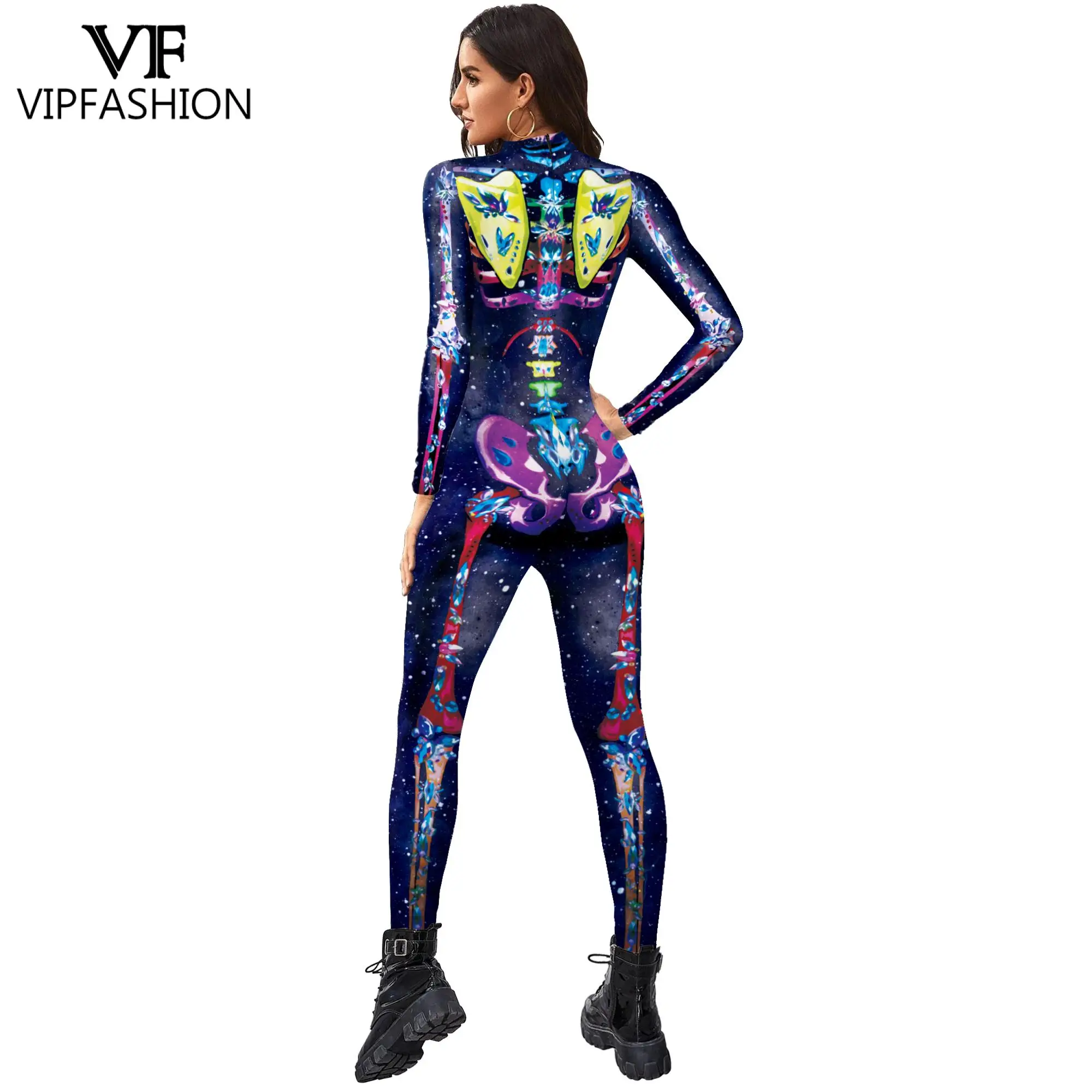 VIP FASHION 3D Skull Skeleton Printed Bodysuit Halloween Costume For Women Outfit Fancy Dress Clothing  Adult Suit