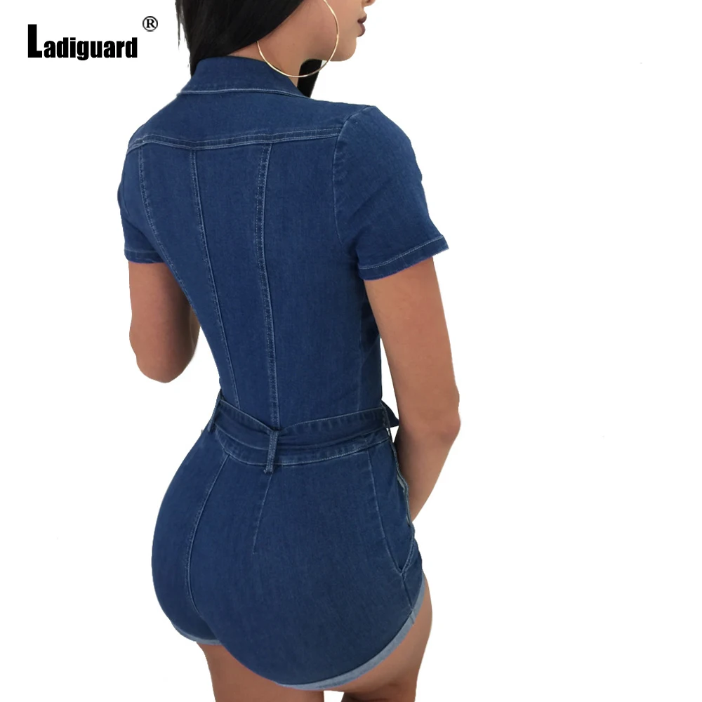 European Style Fashion Jeans Playsuits Women Notched Short Sleeve Zipper Denim Romper Skinny Overalls 2021 Short Demin Jumpsuits